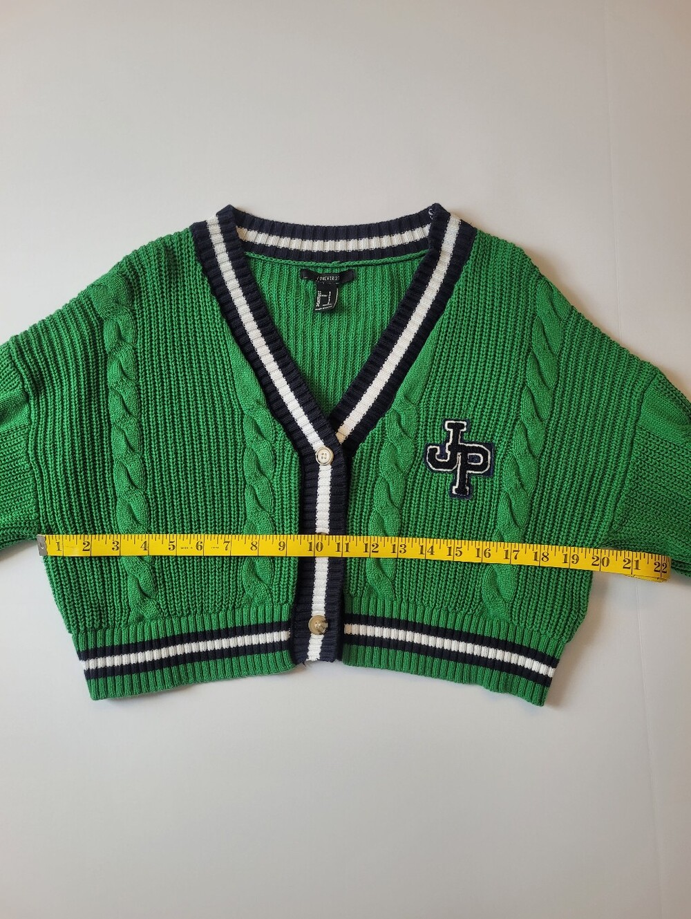 F21 Green Cropped Varsity Sweater Small 100% Cotton - Picture 6 of 13